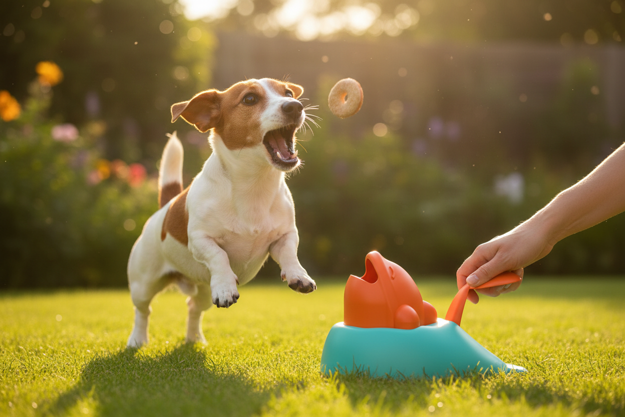 Food Dispensing Treat Launcher - Half White Half Brown Dog Catching Treat